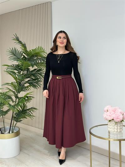 Poplin Kumaş Uzun Cepli Etek Bordo