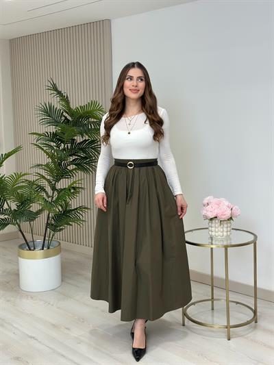 Poplin Kumaş Uzun Cepli Etek Haki Yeşil
