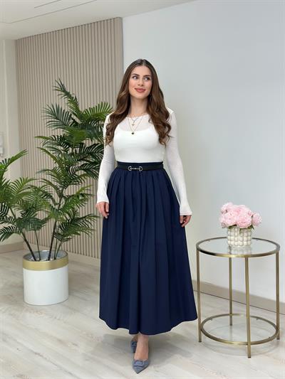 Poplin Kumaş Uzun Cepli Etek Lacivert