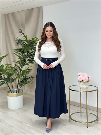Poplin Kumaş Uzun Cepli Etek Lacivert