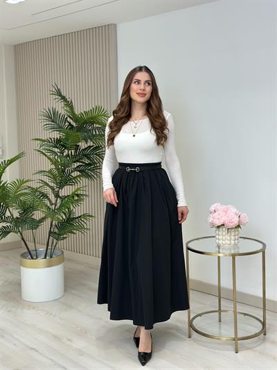 Poplin Kumaş Uzun Cepli Etek Siyah
