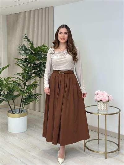 Poplin Kumaş Uzun Cepli Etek Tarçın