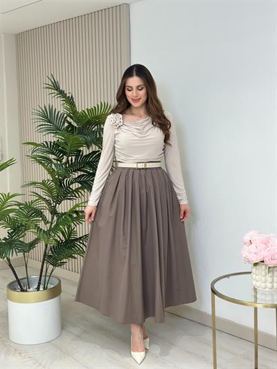 Poplin Kumaş Uzun Cepli Etek Vizon