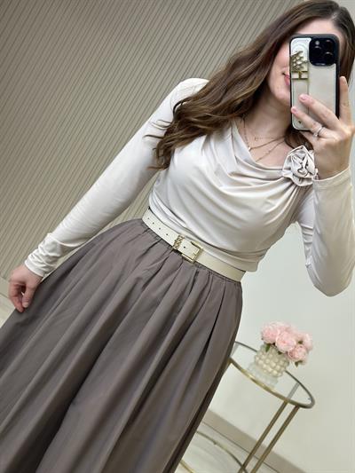 Poplin Kumaş Uzun Cepli Etek Vizon