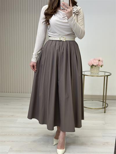 Poplin Kumaş Uzun Cepli Etek Vizon