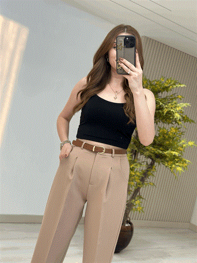 Premium Kalite Tok Kumaş Kemerli Havuç Pantolon Bej