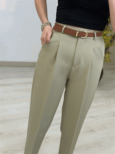 Premium Kalite Tok Kumaş Kemerli Havuç Pantolon Açık Haki