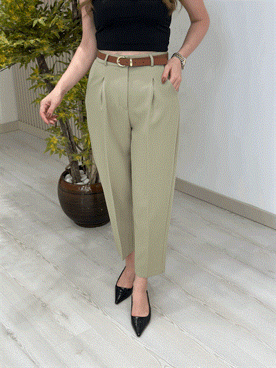 Premium Kalite Tok Kumaş Kemerli Havuç Pantolon Açık Haki