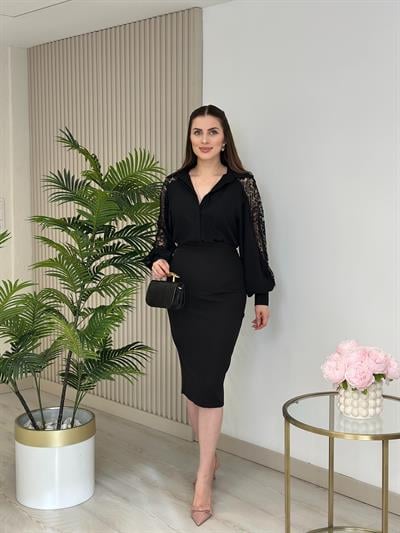 Premium Seri Kolları Güpürlü Gömlek Siyah