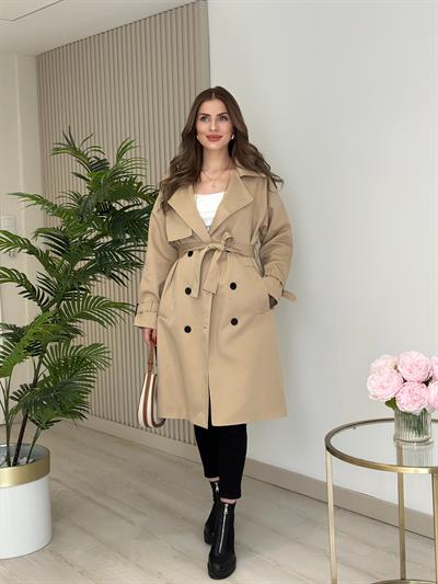 Premium Seri Kuşaklı Trençkot Bej
