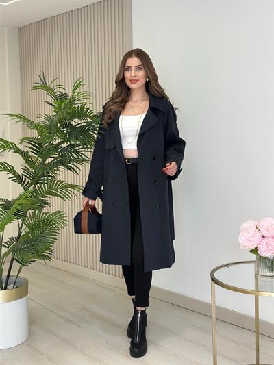 Premium Seri Kuşaklı Trençkot Lacivert 