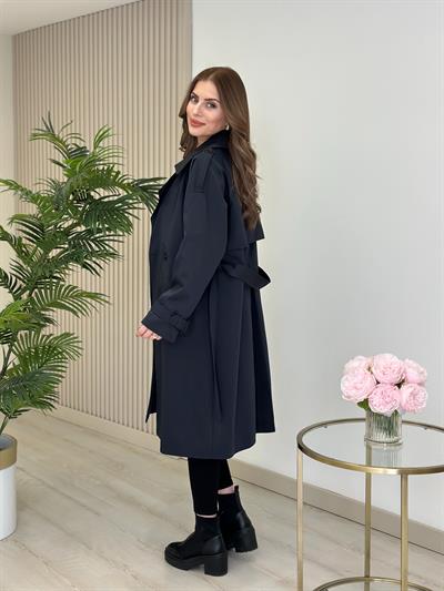 Premium Seri Kuşaklı Trençkot Lacivert 