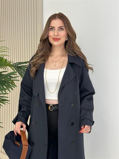 Premium Seri Kuşaklı Trençkot Lacivert 