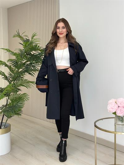 Premium Seri Kuşaklı Trençkot Lacivert 