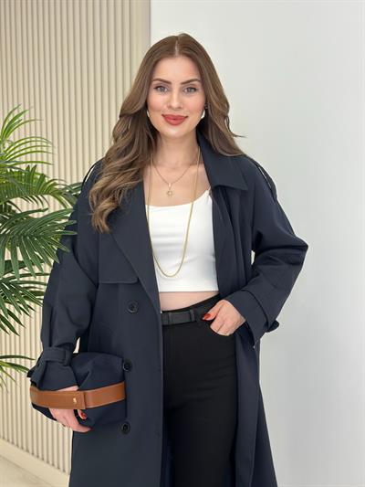 Premium Seri Kuşaklı Trençkot Lacivert 