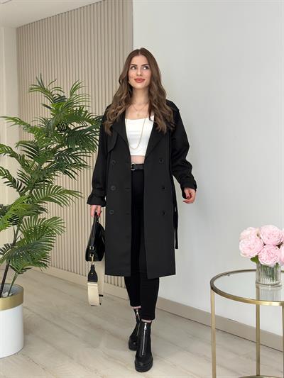 Premium Seri Kuşaklı Trençkot Siyah