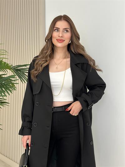 Premium Seri Kuşaklı Trençkot Siyah