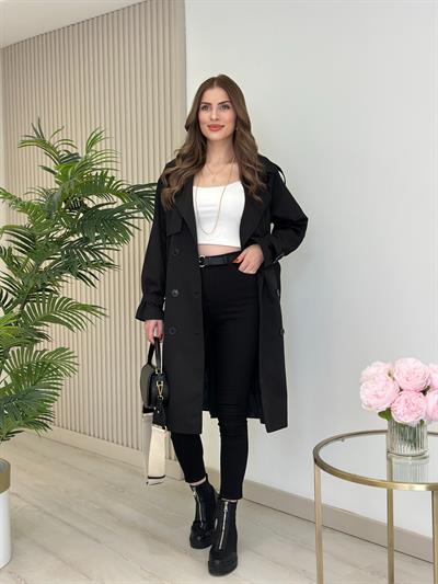 Premium Seri Kuşaklı Trençkot Siyah