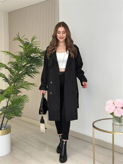 Premium Seri Kuşaklı Trençkot Siyah