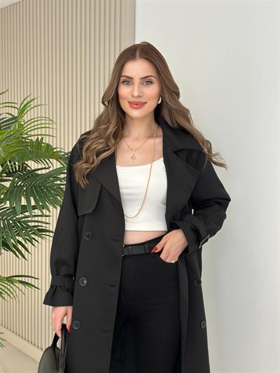 Premium Seri Kuşaklı Trençkot Siyah