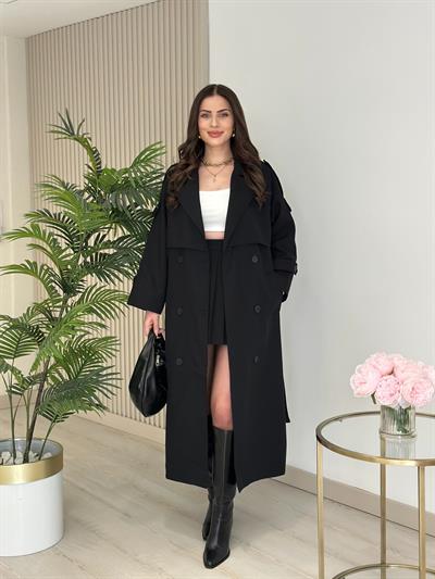 Premium Seri Poliviskon Kuşaklı Trençkot Siyah