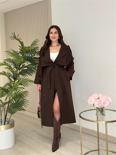 Premium Seri Poliviskon Kuşaklı Trençkot Acı Kahve