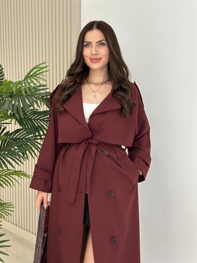 Premium Seri Poliviskon Kuşaklı Trençkot Bordo