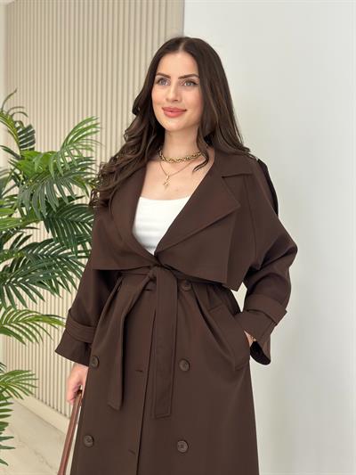 Premium Seri Poliviskon Kuşaklı Trençkot Acı Kahve