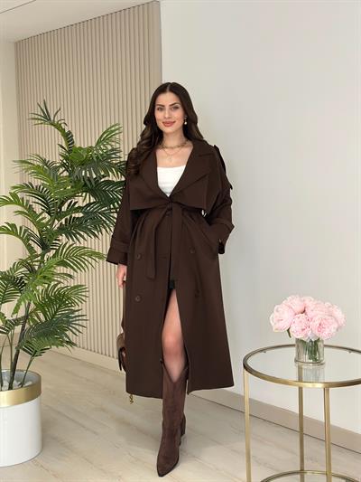 Premium Seri Poliviskon Kuşaklı Trençkot Acı Kahve