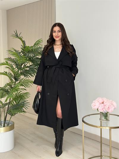Premium Seri Poliviskon Kuşaklı Trençkot Siyah