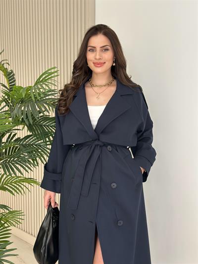 Premium Seri Poliviskon Kuşaklı Trençkot Lacivert