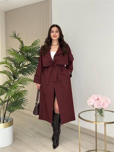 Premium Seri Poliviskon Kuşaklı Trençkot Bordo