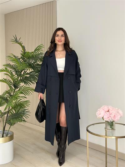 Premium Seri Poliviskon Kuşaklı Trençkot Lacivert