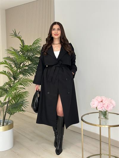 Premium Seri Poliviskon Kuşaklı Trençkot Siyah