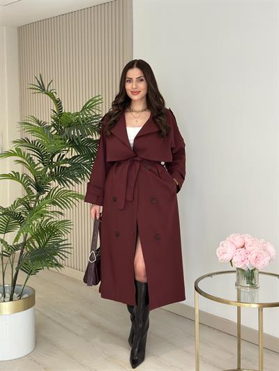 Premium Seri Poliviskon Kuşaklı Trençkot Bordo