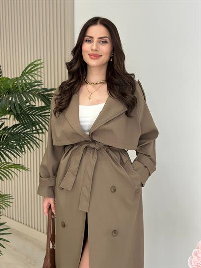 Premium Seri Poliviskon Kuşaklı Trençkot Haki