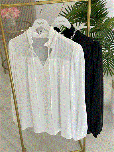 Premium Seri Yakası İnci Boncuk İşlemeli Şifon Bluz Beyaz