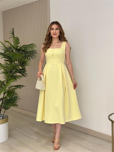 Prenses Model Kare Yaka Atlas Kumaş Elbise Sarı