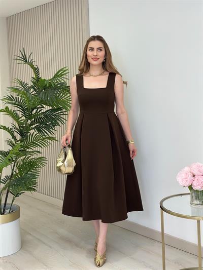 Prenses Model Kare Yaka Atlas Kumaş Elbise Kahve