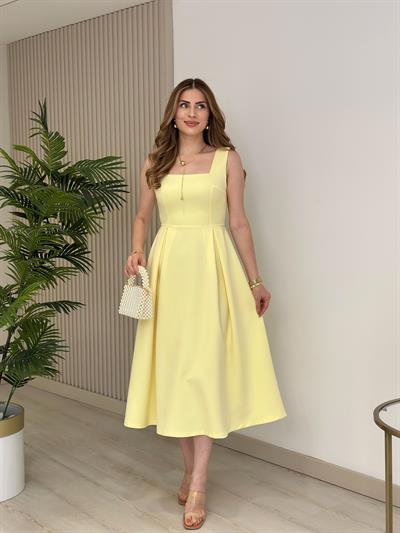 Prenses Model Kare Yaka Atlas Kumaş Elbise Sarı