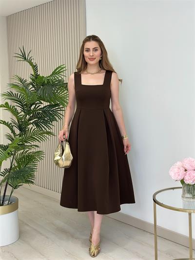 Prenses Model Kare Yaka Atlas Kumaş Elbise Kahve