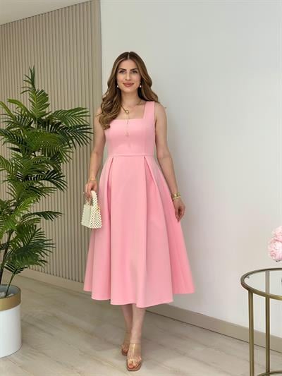Prenses Model Kare Yaka Atlas Kumaş Elbise Pembe