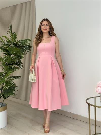 Prenses Model Kare Yaka Atlas Kumaş Elbise Pembe