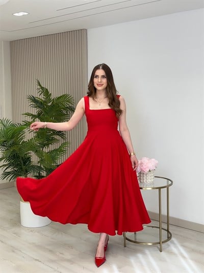 Pretty Arkadan Bağlama Detaylı Kalın Askılı Elbise Kırmızı