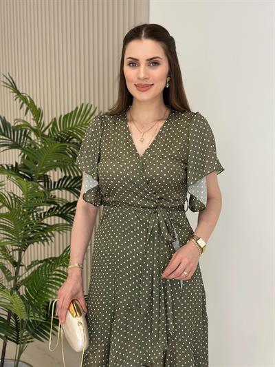 Puantiye Desenli Eteği Asimetrik Kesim Volanlı Elbise Haki