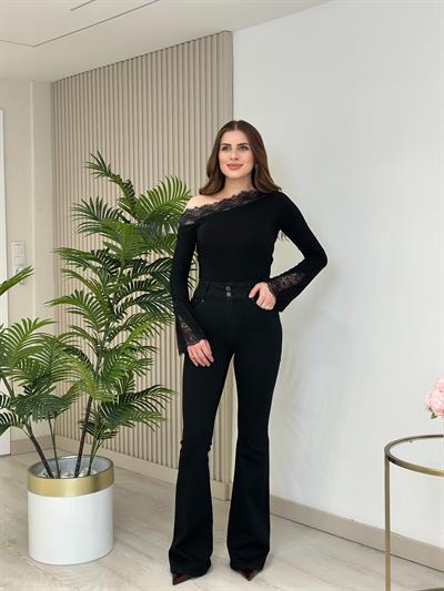 Push-Up Yüksek Bel Kalın Kemerli Likralı İspanyol Jean Pantolon Siyah