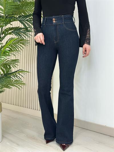 Push-Up Yüksek Bel Kalın Kemerli Likralı İspanyol Jean Pantolon Rins Lacivert