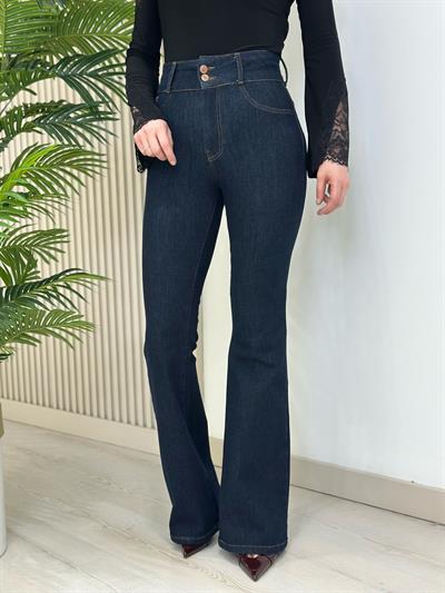 Push-Up Yüksek Bel Kalın Kemerli Likralı İspanyol Jean Pantolon Rins Lacivert