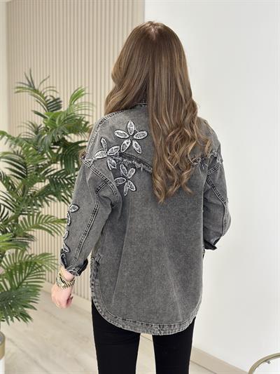 Püsküllü Çiçek Detaylı Tasarım Kot Ceket Füme