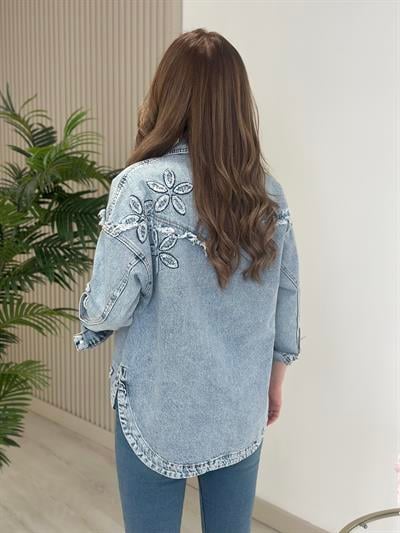 Püsküllü Çiçek Detaylı Tasarım Kot Ceket Buz Mavi